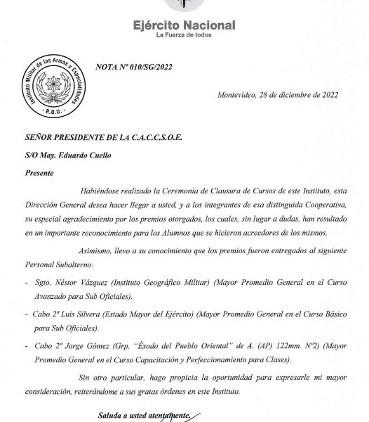 Nota del Instituto Militar de las Armas y Especialidades