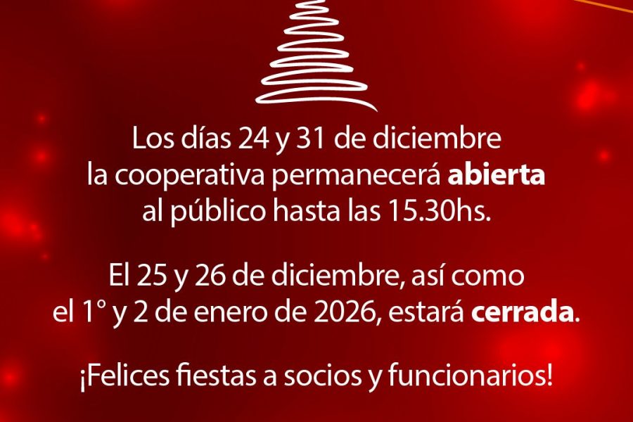 Los días 24 y 31 de diciembre la cooperativa permanecerá abierta al público hasta las 15:30 hs