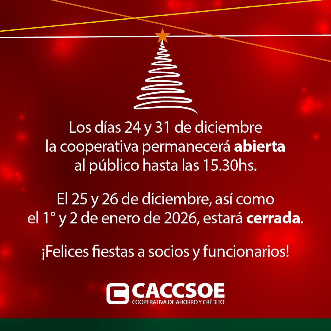 Los días 24 y 31 de diciembre la cooperativa permanecerá abierta al público hasta las 15:30 hs